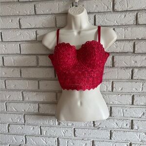 Windsor Bra Bustier Small Red Lightly Padded Underwire Lace Embellish Beaded NWT